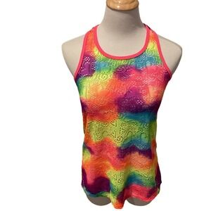 OP Ocean Pacific Rainbow Tie Dye Crochet Lace Racerback Tank Top Pink